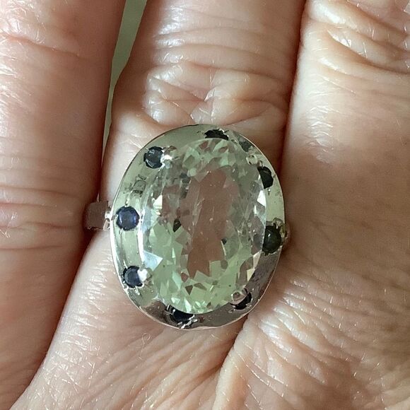 𝅺sterling SILVER 925 GREEN PERIDOT/BLUE SAPPHIRE WOMAN RING SIZE US 7.5​​